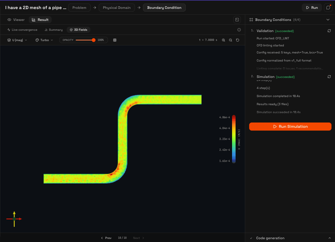 3D field visualization showing velocity magnitude in a pipe geometry with colormap