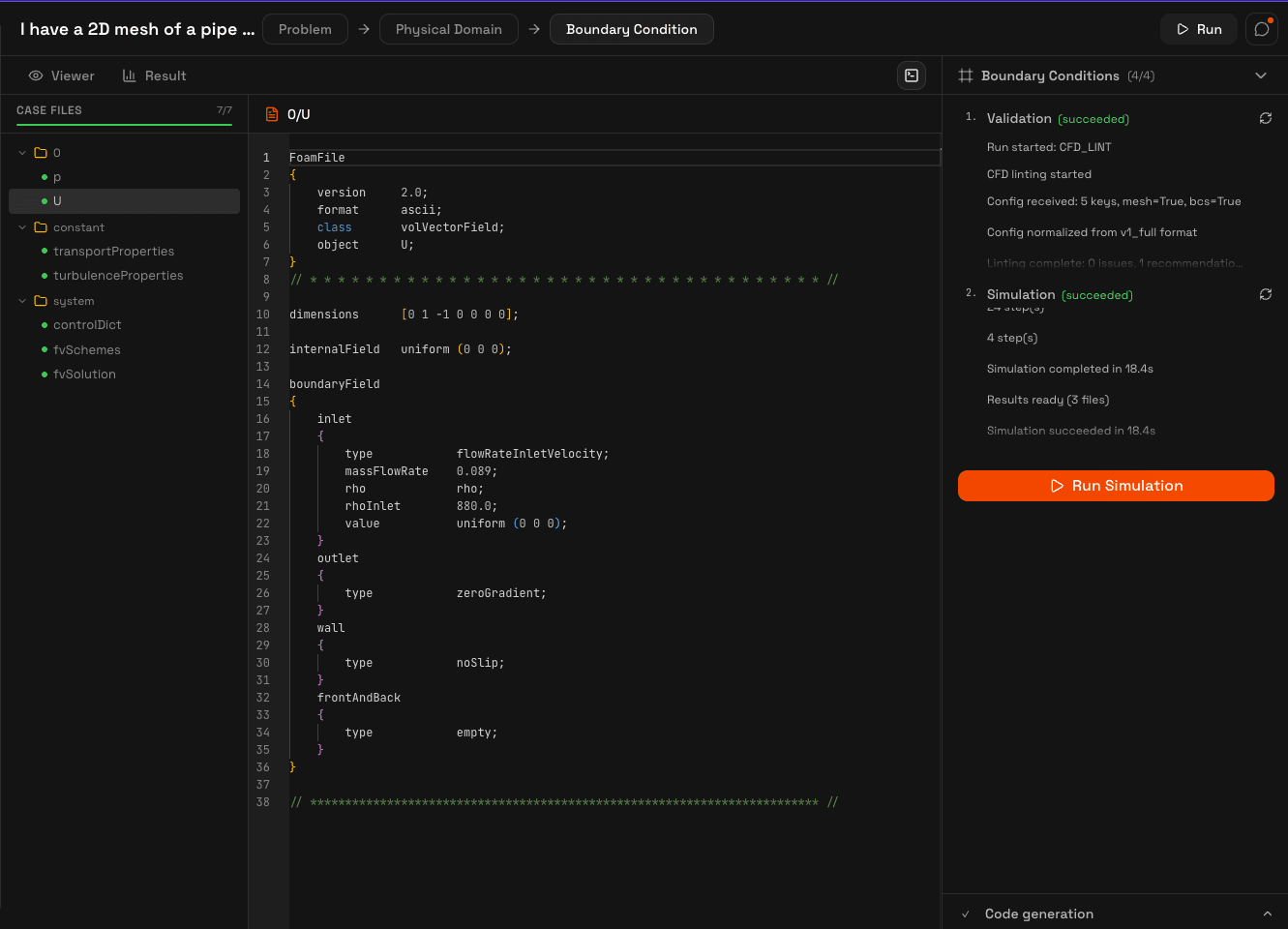 Generated OpenFOAM case files with code editor showing boundary condition dictionary