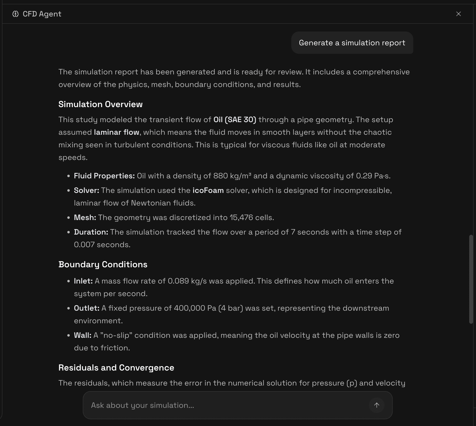 CFD Agent chat panel showing a generated simulation report with overview, boundary conditions, and convergence analysis