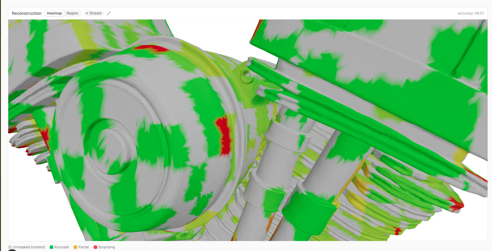 Shape V2 masked-reconstruction error heatmap on a mechanical assembly